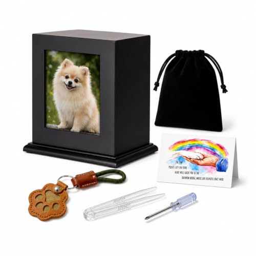 Pet Memorial Urn for Dog Cat Ashes Solid Pine Wood Cremation Keepsake Box with 4×6 Photo Frame Fits Pets up to 80 lbs Rainbow Bridge Sympathy Bereavement Gift for Dog Mom Cat Dad