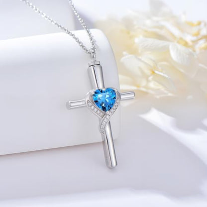 TOUPOP Cross Urn Necklaces for Ashes Birthstone Cremation Jewelry 925 Sterling Silver Cross Memorial Keepsake Funeral Jewelry for Women (with Funnel Filler) - color: 12-December-Topaz
