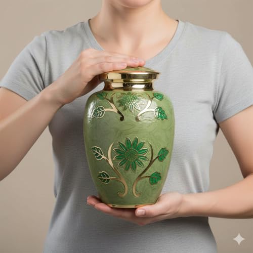Green Garden Brass Large Cremation Urn | Unique Brass Funeral Urn with Gold & Green Enamel Details | Large - size: Adult