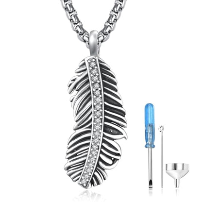 Customized Urn Necklaces for Ashes for Men Women 925 Sterling Silver Cross Necklace for Human Pets Ashes Cremation Memorial Jewelry for Keepsake - style: Feather Urn