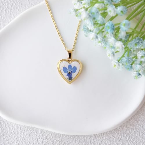 Heart Locket Necklace That Holds Pictures Pressed Flower Photo Locket Pendant Necklace for Girl Women Gift for Her - style: Lobelia