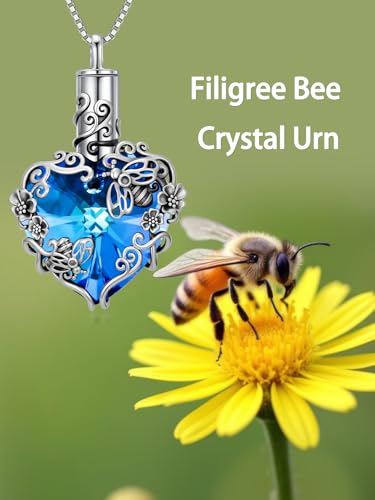 JKR Heart Urn Necklace for Ashes Crystal Keepsake Pendant Memorial Jewelry - style: Bee-Blue Heart
