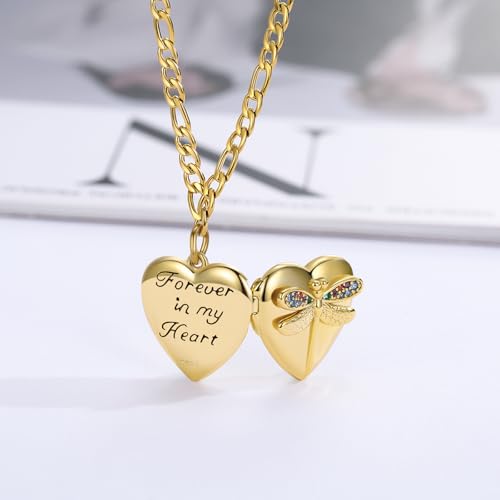 TUGHRA Mother's Day Gifts Gold Locket Necklaces for Women, 925 Sterling Silver Heart Photo Lockets Memorial Keepsake Jewelry Gift for Mom, Wife, Daughter - style: 1226-Dragonfly