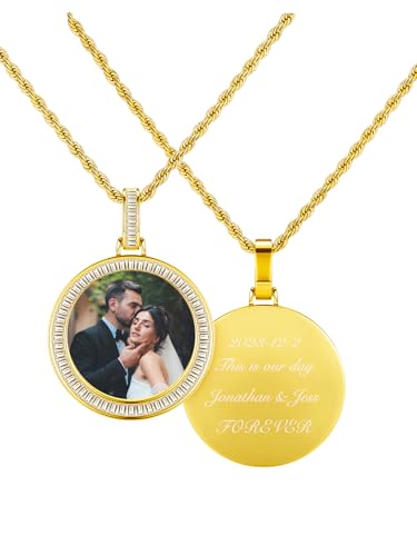 PiercingJ Customized Double-Side Photo Necklace Custom Picture Pendant Chain Personalized Cubic Zirconia Hip Hop Jewelry Gift for Men Women with Gift Box - color: 18K Gold-Round-Photo &Text a