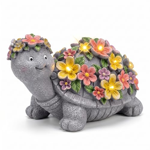 Solar Turtle Statue Garden Decor, Cute Turtle Figurine with Lights - color: Gray With Colorful Flowers