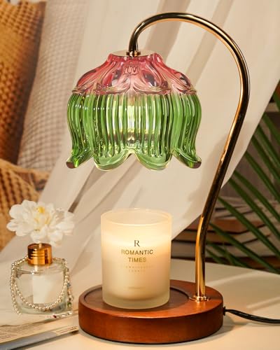 Funistree Glass Candle Warmer Lamp with Timer, Electric Candle Warmer Lamp, Graduation Birthday Gifts for Women Girls, Flower Candle Light Warmer Gifts, Aromatic Candle Warmer for Vintage Home Decor - color: Lily-Pink Green