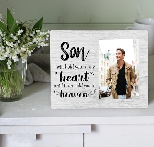 Son Memorial Picture Frame, I Will Hold You in My Heart Remembrance Wooden Photo Frame Gifts for Loss of Son, 4x6 inch Photo - style: Son Remembrance Memorial