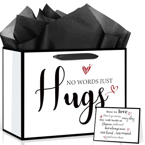 Sympathy Gift Bag for Loss of Loved One Sympathy Gifts Bag with Wrapping Paper and Card Large No Words Just Hugs Condolence Memorial Wrapping Paper Bag for Funeral Loss of Dog Pet Mom Dad Husband - color: Black White