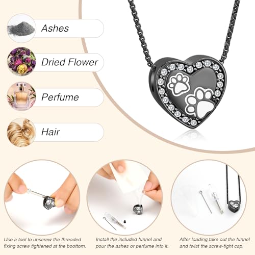 Oinsi Pet Cremation Jewelry - Heart Urn Necklaces for Dog Cat Ashes Keepsake Pet Paw Memorial Urn Pendant Ash Holder for Women Men - color: Black