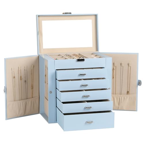 6-Layer Jewelry Box for Women,Large Jewelry Organizer with Drawer | Faux Leather,Built-in Mirror,Spacious Jewelry Storage,16 Necklace Hooks,Organizing by Category for Rings Earrings Bracelet - color: Sky Blue, size: Large