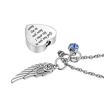 God has You in his arms with Angel Wing Charm Cremation Ashes Jewelry Keepsake Memorial Urn Necklace with Birthstone Crystal - color: July