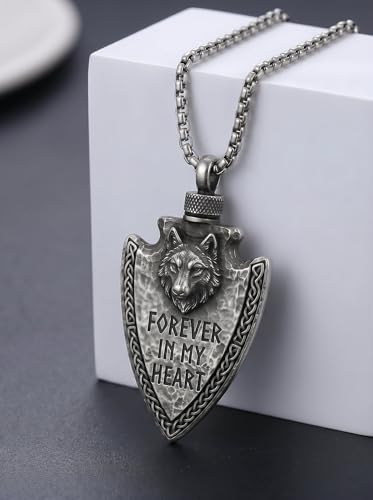 925 Sterling Silver Urn Necklace for Men, Wolf/Dragon/Wolf/Celtic Cross Arrowhead Ashes Pendant Necklace Cremation Jewelry Keepsake Gift Memorial - style: Wolf