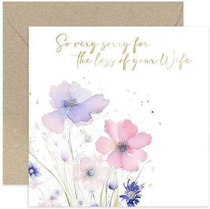 So Very Sorry For The Loss of Your Wife Card - Floral Watercolour Sympathy Condolences Card - Thinking of You, Bereavement, Mourning | Blank Inside