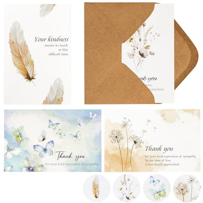 Crisky 50 PK Funeral Thank You Cards with Envelopes, Thank You for Your Sympathy Cards Watercolor Flowers Butterflies Bereavement Sympathy Thank You Cards for Funeral Family Friends
