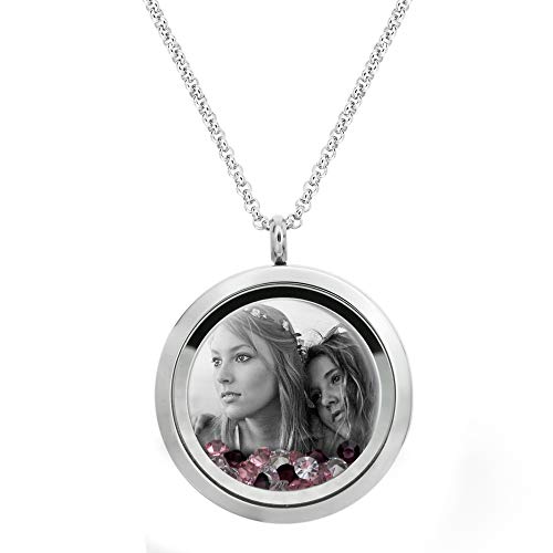 Laser Engraved Personalized Photo & Text Message Floating Locket Crystals Necklace Pendant Handmade Love Note Anniversary Wedding Birthday Gift - style: Pink - Photo Engraving