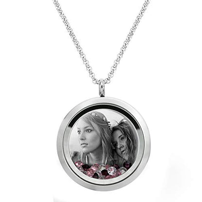 Laser Engraved Personalized Photo & Text Message Floating Locket Crystals Necklace Pendant Handmade Love Note Anniversary Wedding Birthday Gift - style: Pink - Photo Engraving
