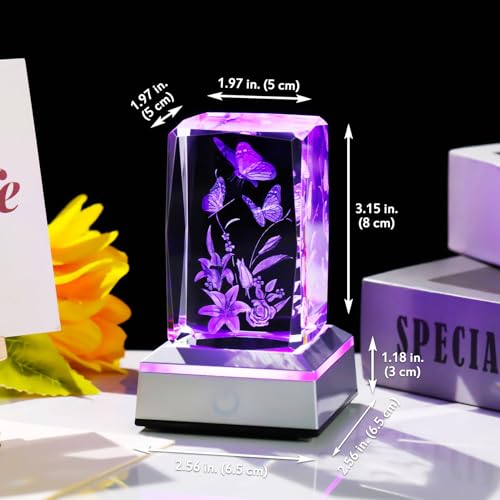 YWHL 3D Crystal Butterfly Gifts for Women, Laser Engraved Butterfly and Lily Flower Figurines with Light Base for Butterfly Lovers Nature Lovers, Gifts for Birthday Christmas - color: Butterfly and Lily Flower