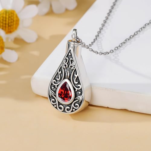 Teardrop Urn Necklace for Ashes Filigree Birthstone Keepsake Pendant Cremation Jewelry for Ashes Memorial Jewelry Gifts for Loss of a Loved One for Women - style: Jan-Garnet