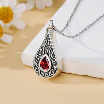 Teardrop Urn Necklace for Ashes Filigree Birthstone Keepsake Pendant Cremation Jewelry for Ashes Memorial Jewelry Gifts for Loss of a Loved One for Women - style: Jan-Garnet