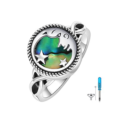 YAFEINI Moon and Star Urn Ring for Ashes Sterling Silver Abalone Shell Memorial Keepsake Rings Cremation Jewelry for Women - style: Abalone Shell