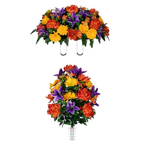 Artificial Cemetery Flowers - Gravesite Flowers - Orange Peonies, Purple Lilies, and Yellow Daisies - (1) Headstone Flower Saddle & (1) Matching Bouquet - size: (1) Saddle (1) Bouquet