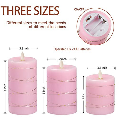 Pink Flameless Candles with String Lights Battery Operated Flickering LED Pillar Candles 4‘’ 5‘’ 6‘’ Candle with Remote Control, Set of 3 - size: Pink - 3 Pack