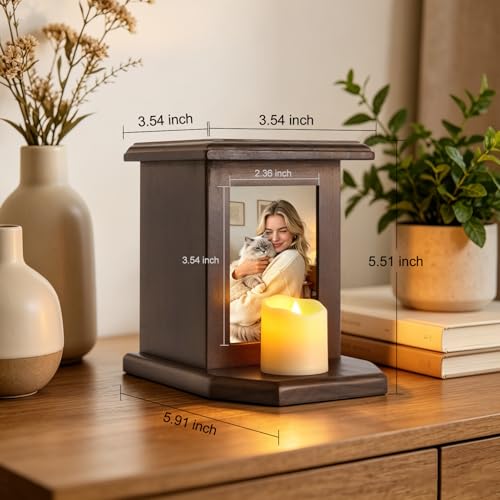 Dletay Pet Urn for Dogs 5.51 Inch with Photo Frame Memorial Small Cremation Urn for Dog Cat Ashes Decorative Pet Ashes Keepsake Memory Box Brown