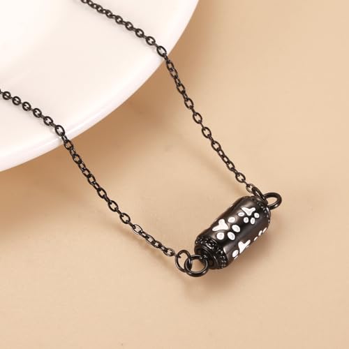 Pet Cremation Jewelry Stainless Steel Paw Print Tube Urn Necklace For Cat Dog Ashes Necklace For Women Keepsake With Filling Kits - color: Black Necklace