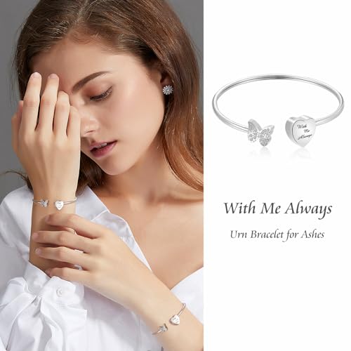 XIUDA Urn Bracelet for Human Ashes Butterfly Heart Ash Bracelet for Women Stainless Steel Openable Cuff Bangle Cremation Bracelet - Always in My Heart - color: Silver, With Me Always