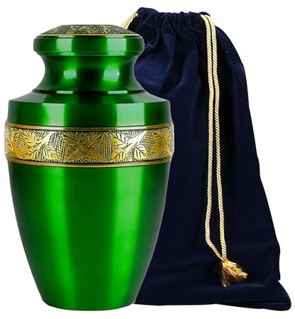 CLEENTABLE Hand-Engraved Cremation Urn for Human Ashes, Green - color: Green & Gold, size: Hand-Etched Leaf - 7x11"