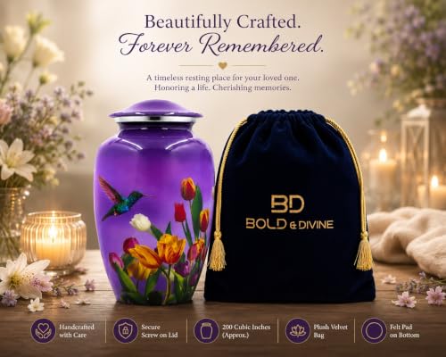 BOLD & DIVINE Purple Hummingbird Cremation Urn | Human Ashes Adult Memorial urn, Burial, Funeral Cremation Urns | 200 Cubic Inches (Large Adult) - size: Large