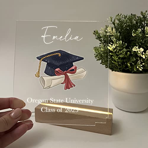 Let's Make Memories Personalized Graduation Frame Celebrate Class Customize Name & Year Night Light Lamp Wood Base LED Desk Stand Plaque Plate Display Graduating High School University Graduate Gift