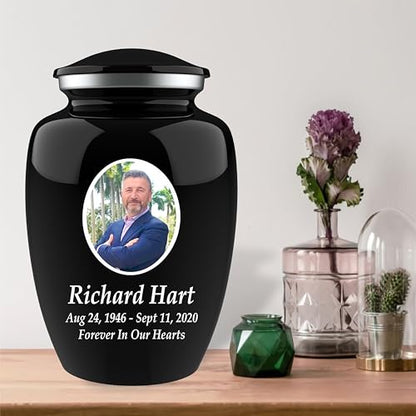 Personalized Photo & Engraved Cremation Urn for Human Ashes | Large Adult Memorial Urn | Black Finish | Up to 200 lbs
