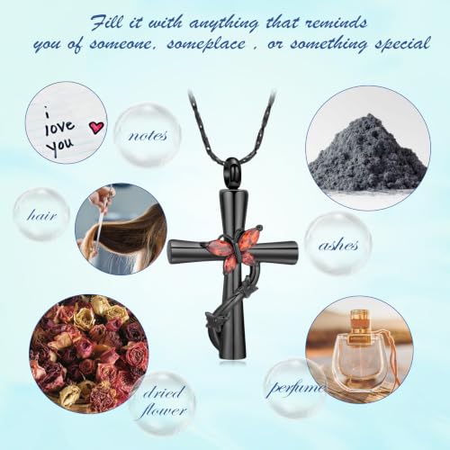 Butterfly Cross Urn Necklace for Ashes Birthstone Cremation Jewelry for Men Women Ashes Pendant Keepsake Memorial Ash Jewelry - color: Black-Red