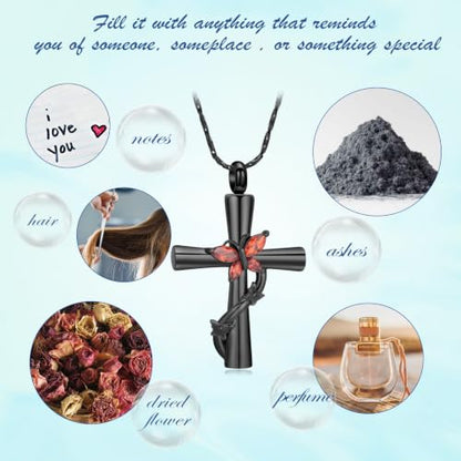 Butterfly Cross Urn Necklace for Ashes Birthstone Cremation Jewelry for Men Women Ashes Pendant Keepsake Memorial Ash Jewelry - color: Black-Red