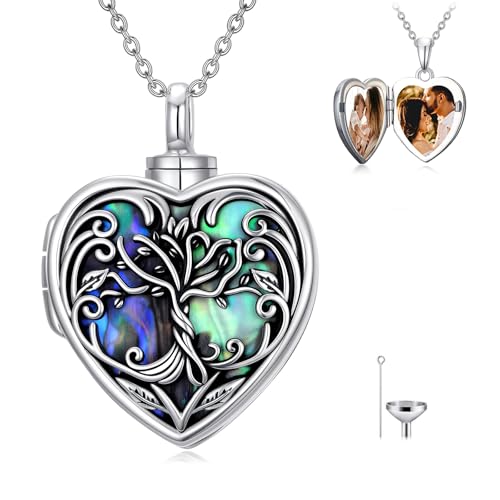 TOUPOP Heart Urn Locket Necklace for Ashes and Pictures 925 Sterling Silver Locket Cremation Jewelry with Abalone Shell Keepsake Memorial Gifts for Women（That Holds Pictures and Ashes） - style: Tree of Life