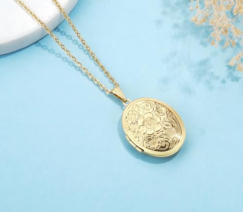 Gold Oval Flower Locket Necklace that Holds Pictures Photo Locket Pendant - color: GoldOval