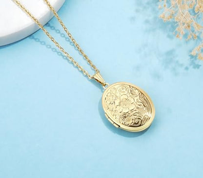 Gold Oval Flower Locket Necklace that Holds Pictures Photo Locket Pendant - color: GoldOval