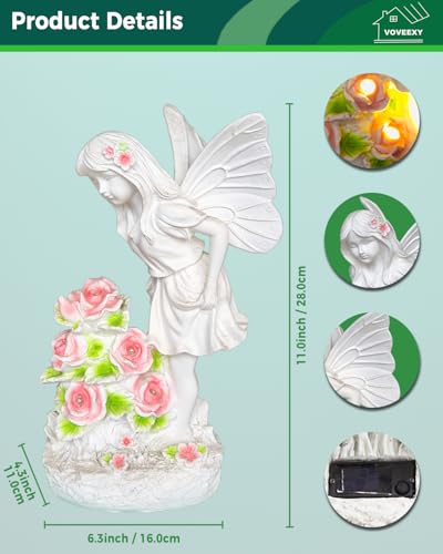 Voveexy Garden Figurines Angel Garden Statue Outdoor Decor, Solar Powered Resin Sculpture with 5 LEDs Art Decoration for Patio Lawn Yard Porch, Ornament Housewarming Gift, 11“ H