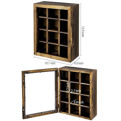 MyGift Shadow Box with Shelves, Display Case with 12 Compartments for Collectibles, Rustic Burnt Solid Wood with Cork Back, Clear Acrylic Viewing Panel, Hinged Door with Magnetic Closure