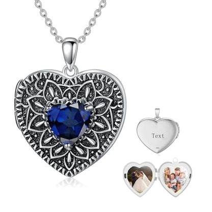 Heart Photo Locket Necklace 925 Sterling Silver Birthstone Gemstone That Holds 2 Pictures Locket Necklace Jewelry Gifts for Mother Women Mom Mother's Day Christmas Birthday - style: 09-Sep-Sapphire-Customize