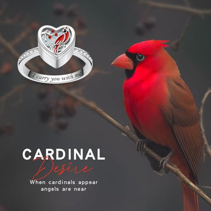 925 Sterling Silver Red Cardinal Urn Rings for Women Hold Loved Ones Ashes Memorial Ring Keepsake Cremation Jewelry for Ashes