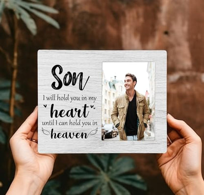 Son Memorial Picture Frame, I Will Hold You in My Heart Remembrance Wooden Photo Frame Gifts for Loss of Son, 4x6 inch Photo - style: Son Remembrance Memorial