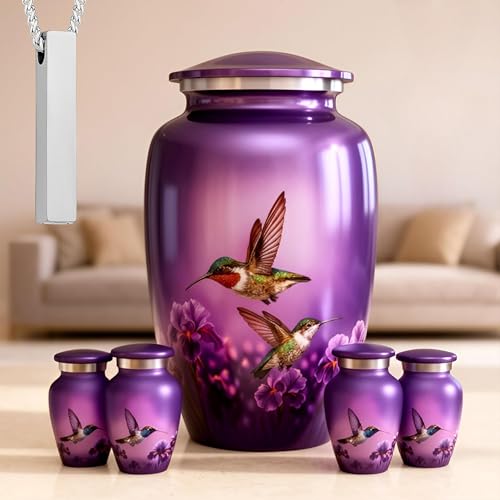 Set of 6 Hummingbird Cremation Urns for Human Ashes Adult Female & Male, Purple Decorative Funeral Urn for Women & Men with 1 Large Urn, 4 Small Keepsakes & 1 Silver NecklaceUrn - color: Hummingbird Large Set