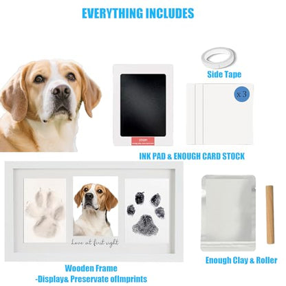 Paw Print Frame Kit, Cat/Dog Paw Print Kit, Dog Nose Print Kit, Soft Pawprint Clay&Clean Touch Ink Pad,Pet Paw Print Impression Kit with Customization Tool, Wooden Pet Memorial Frame, White - color: White