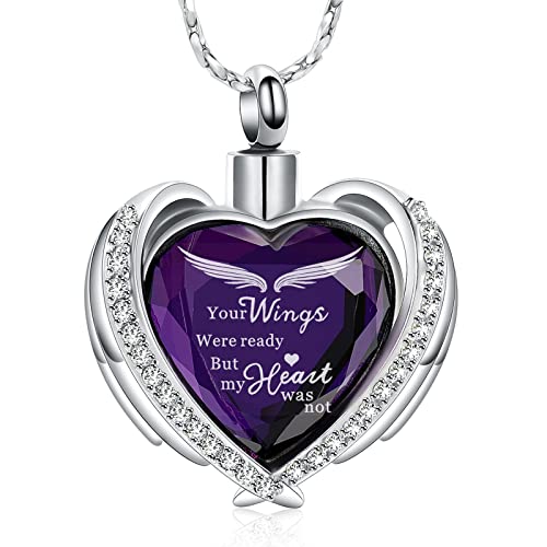 Imrsanl Cremation Jewelry for Ashes Pendant - Crystal Heart Urn Necklace with Mini Keepsake Urn Memorial Ash Jewelry - color: Wings-Purple