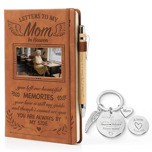 Sympathy Gifts for Loss Of Mom, Letters To My Mom In Heaven Grief Journal for Women, Leather A5 Notebook and Angel Keychain, Bereavement Memorial Travel Photo Journal With Pocket Hug Keychain - color: Mom