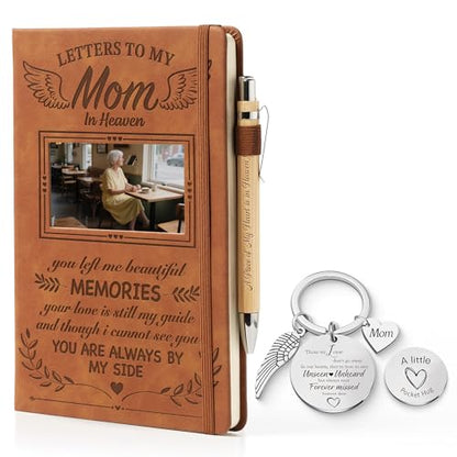 Sympathy Gifts for Loss Of Mom, Letters To My Mom In Heaven Grief Journal for Women, Leather A5 Notebook and Angel Keychain, Bereavement Memorial Travel Photo Journal With Pocket Hug Keychain - color: Mom