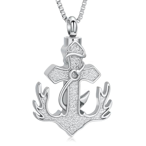 XSMZB Deer Antler Anchor Urn Necklace for Ashes Human Pet Fish Hook Cross Funeral Cremation Jewelry Keepsake Ash Pendant Memorial Necklaces - color: Silver