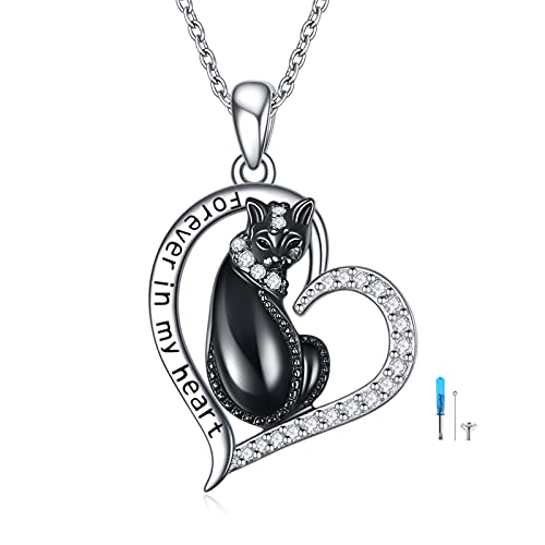 Urn Necklace for Ashes Sterling Silver Cat/Tree of Life Pentagram/Mjolnir/Infinity Wings/Wolf/Triquetra Urn Pendant Cremation Jewelry Memorial Gifts for Women Men - style: Black cat urn